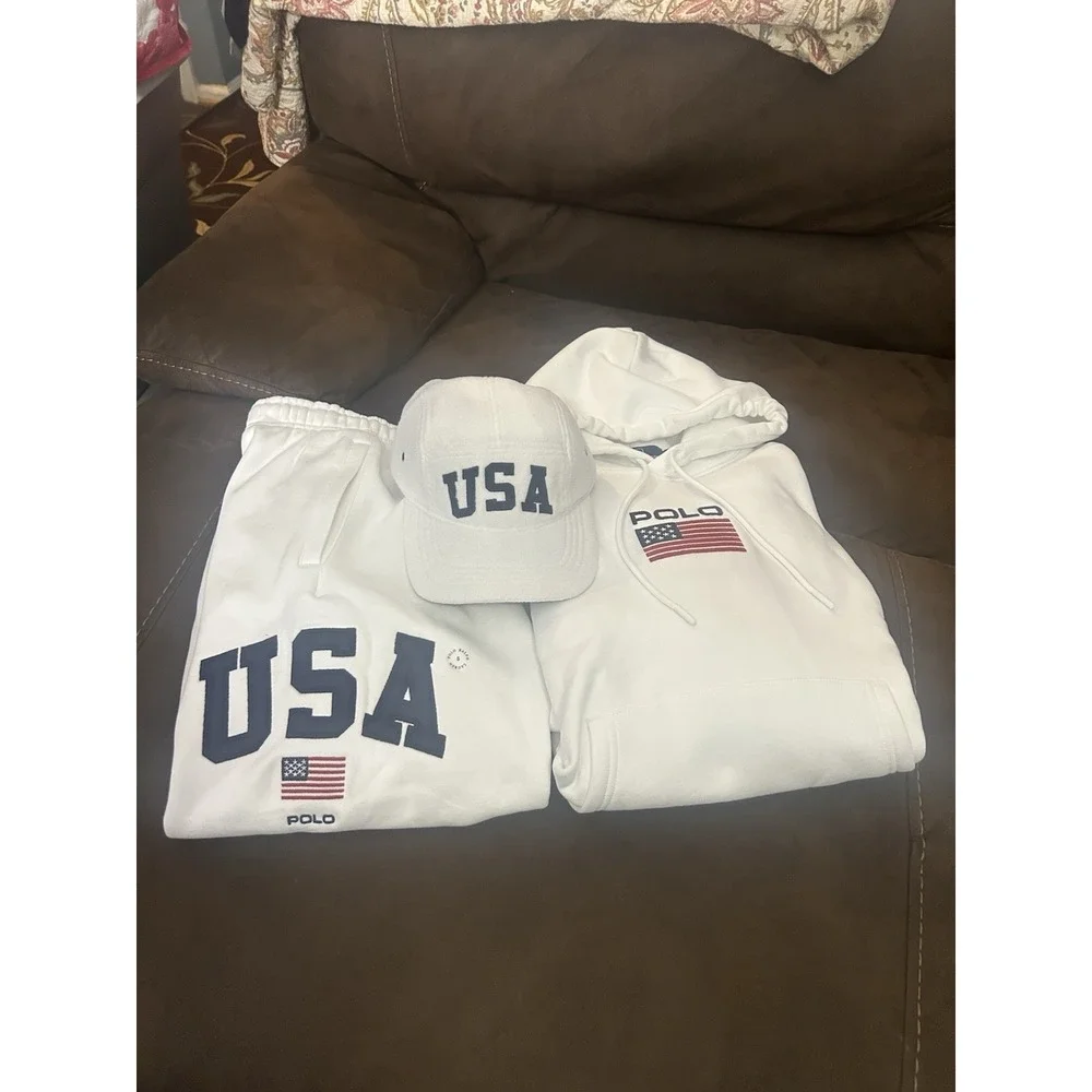 Polo Ralph Lauren Flag Fleece Hoodie White Pants & Hat  USA Embroidered Men's 3P